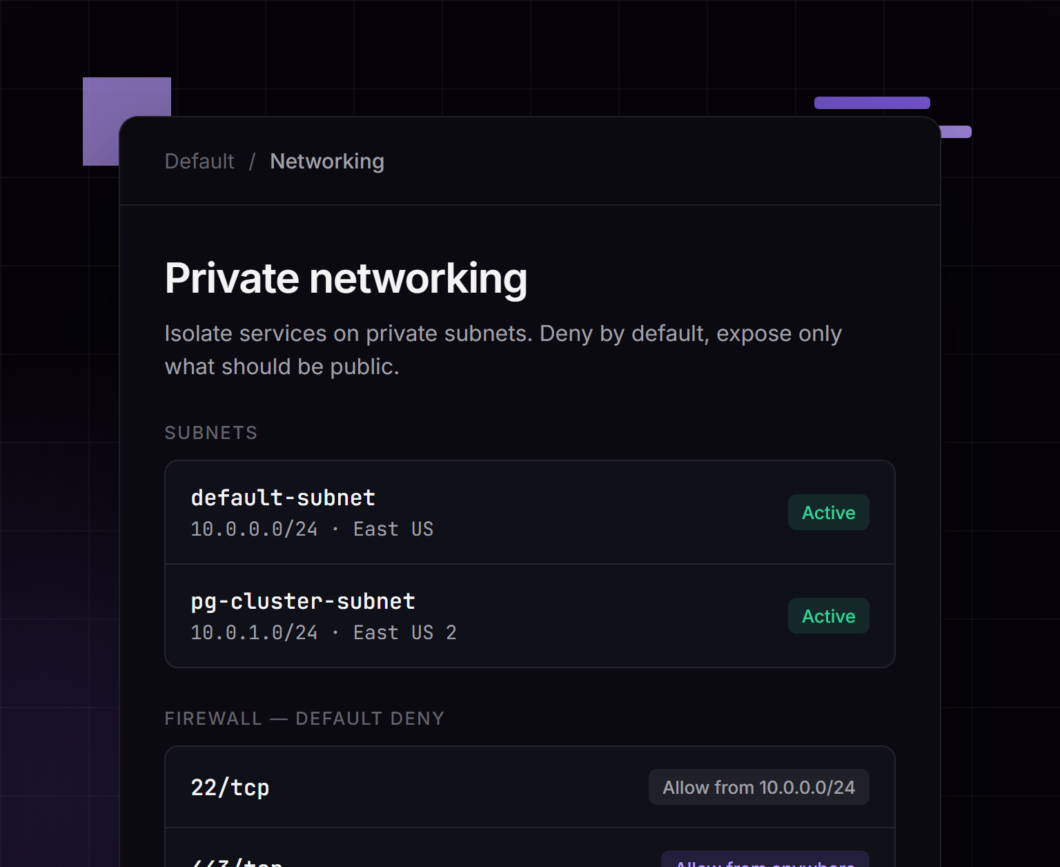 LayerRail product screen showing private subnets and firewall rules with PostgreSQL access restricted to private networking.